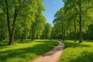 Fototapeta premium Lush greenery and walking trail in a woodland during a bright sunny day, scenic outdoor scene without visitors.