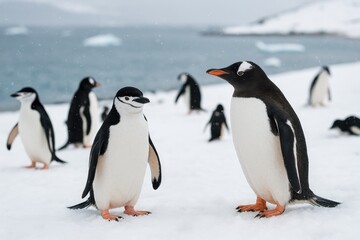 Fototapeta premium Daily routines of Gentoo and Chinstrap penguins
