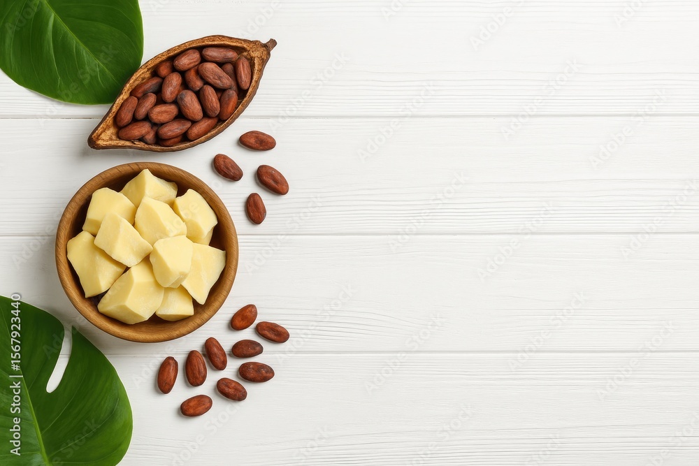 Aufkleber top-down view of natural cocoa butter arranged on a light wooden surface with room for customization