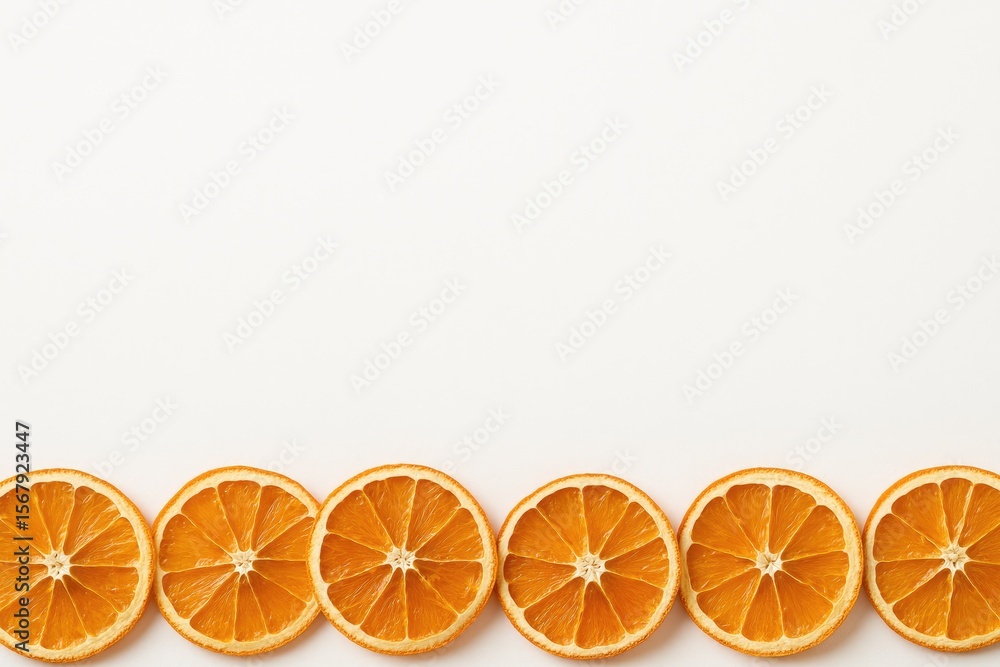Poster arrangement of dried orange slices in a row at the bottom of a white background with space for text