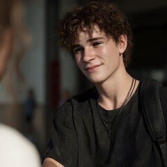 Fototapeta premium Friendly teenager meeting friends at a mall entrance on a bright afternoon