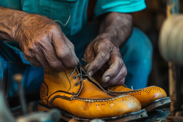 close-up of a man's hands sewing shoes by hand 