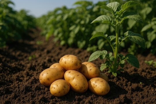 Fresh organic potatoes being harvested directly from the soil in a rural field