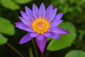 Detailed view of a vibrant purple lotus blossom showcasing intricate pollen and delicate petals in a garden setting