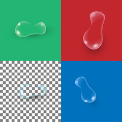 Set of realistic water drops in different colors on colored and transparent background.