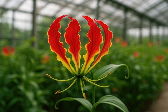 Inside a greenhouse featuring Flame Lily (Gloriosa superba)
