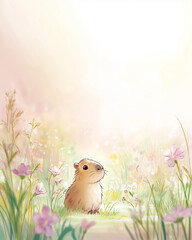 Cute baby capybara in flower meadow at sunrise &ndash; soft pastel cartoon illustration with dreamy nature background
