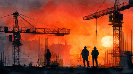 Silhouettes of construction workers against a glowing sunrise, cranes and scaffolding in the background, inspirational tone