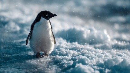 Obraz premium A lone penguin wading through the snowy landscape