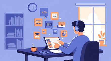Online Learning Vector with Skill Icons and Student on Tablet