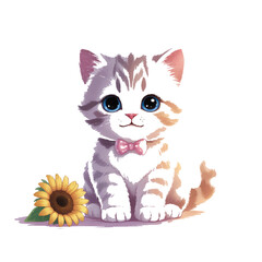 Obraz premium An adorable grey and white kitten with a pink bow sits beside a sunflower, isolated on white background