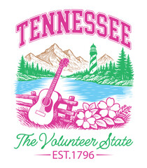 Tennessee The Volunteer State - Us States T-shirt Vector, American State Cityscape Illustration, Vintage Retro State Cityscape Shirt, States Landmark sayings, USA Skyline Clipart
