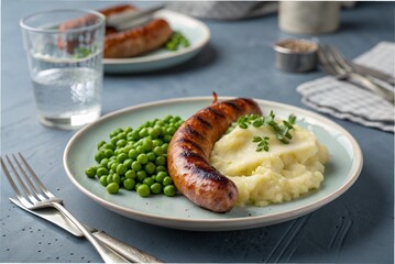 Grilled sausage with creamy potatoes and green peas, on a grey-blue dining table