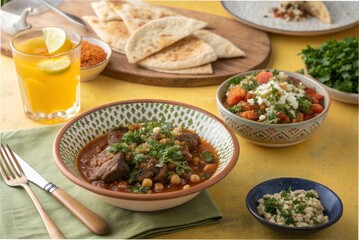 Harissa lamb stew, lentils, tabbouleh salad and flatbread, served with iced tea, on a yellow table