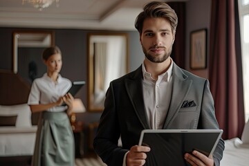 Young Elegant Entrepreneur Using Tablet in Hotel Room with Chambermaid in Background