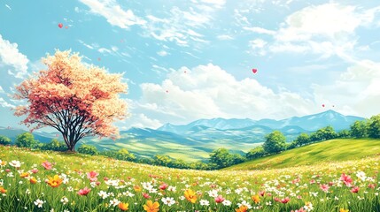Vibrant Springtime Landscape with Blooming Flowers and Scenic Mountain Vista