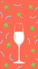 White champagne flute with bubbles on a coral background adorned with stars, festive design, copy space
