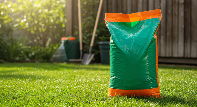 Green and orange lawn fertilizer bag standing on vibrant grass with sunlight and gardening tools in background