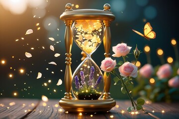 Magical Hourglass with Glowing Petals, Lavender, and Flying Butterfly – AI-Generated