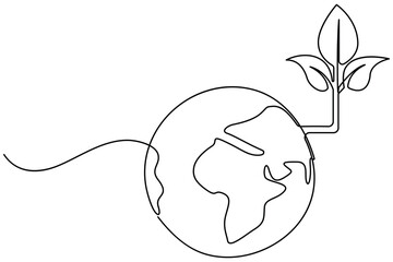 Continuous single line drawing of Earth with plant sprout symbol for sustainability and growth
