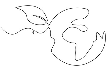 Continuous single line drawing of Earth with plant sprout symbol for sustainability and growth
