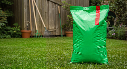 Bright green lawn fertilizer bag with red stripe standing on well-maintained grass in backyard