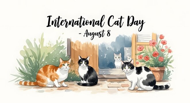 Digital Watercolor Art of Cats in Garden with ‘International Cat Day – August 8’ Brush Script