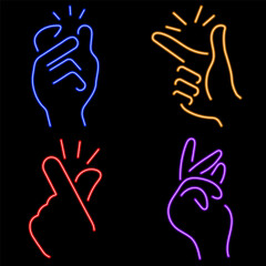 Finger snapping neon icon group, vector illustration on black background.
