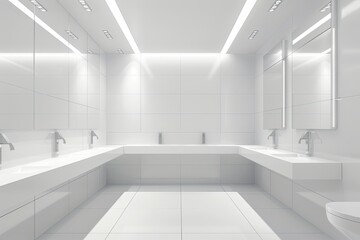 Pixel Perfect Picture of Modern Public Bathroom with White Interior and a Mirror with Sinks