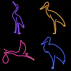 stork neon icon group, vector illustration on black background.