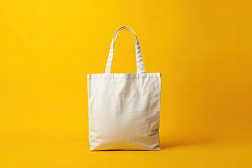 Clear Pixel Image of White Cotton Tote Bag Isolated on Yellow Background