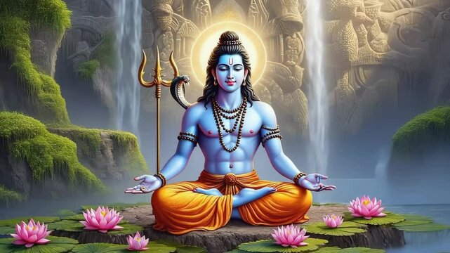 siva or shiva divine figure meditating by a waterfall, Indian god