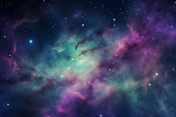 Naklejka premium A cosmic nebula with purple and green gas clouds in space.