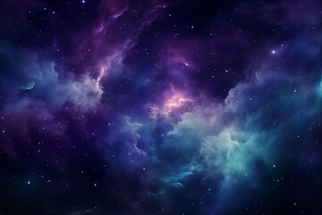 Obraz premium A cosmic nebula with purple and green gas clouds in space.