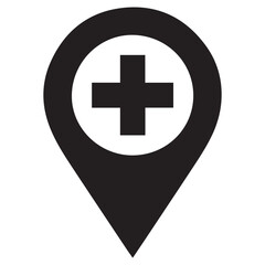 Obraz premium Black medical cross symbol inside a location pin marker icon representing a hospital or clinic