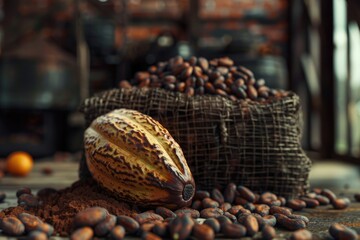 High Quality Visual of Ripe Cocoa Pod and Nibs,Cocoa Beans Setup Background