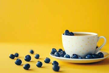 High Resolution of a Cup of Coffee with Blueberries and a Yellow Background