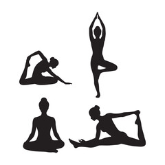Four Black Silhouettes of Women Performing Different Yoga Poses on White Background Collection of Female Figures in Various Stretching and Balancing Asanas