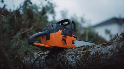 Naklejka premium Chainsaw resting on a fallen tree, surrounded by greenery and blurred background. Tool, cutting, forest, equipment, outdoor work
