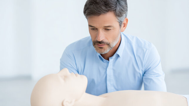 A person attentively examines a CPR training mannequin. Learning first aid skills