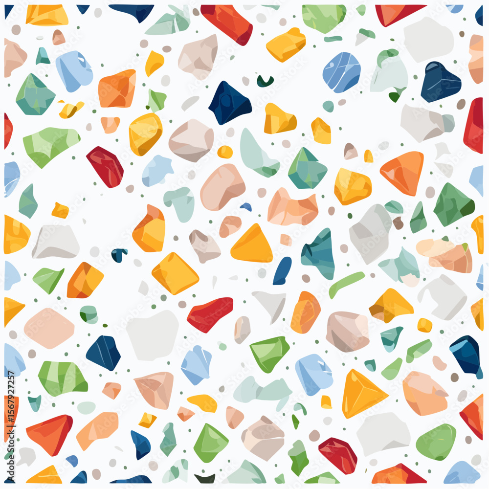 Poster terrazzo pattern with colorful chips of stone and glass on a white background, creating a mosaic eff