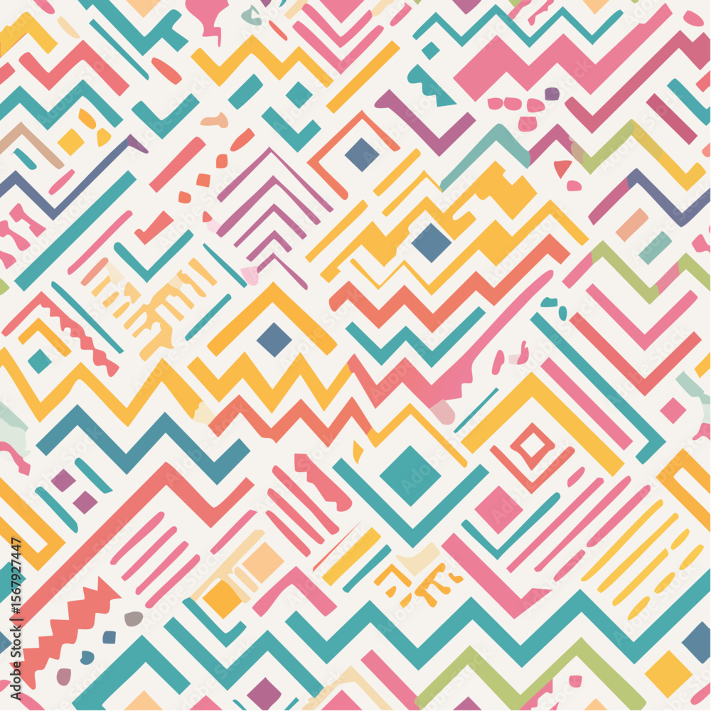 Poster colorful abstract pattern featuring various geometric shapes and vibrant colors, creating a textured