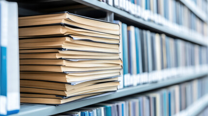 Obraz premium Stack of books placed on a shelf in a library. Knowledge, library, education, literature