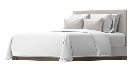Modern bed with beige headboard and white bedding.  The bed is neatly made and appears comfortable...