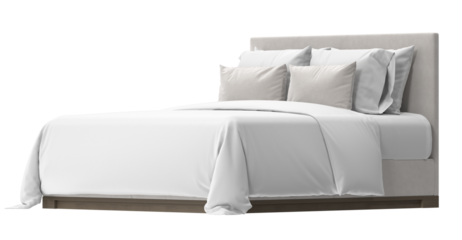 Modern bed with beige headboard and white bedding.  The bed is neatly made and appears comfortable and stylish.