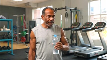 Senior Man Drinking Water After Intense Gym Workout: Hydration and Fitness Footage - Powered by Adobe