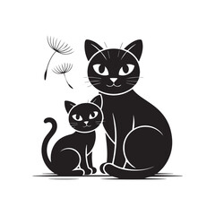 Two black cats, a mother and her kitten, sitting together with dandelion seeds floating nearby, isolated on white background