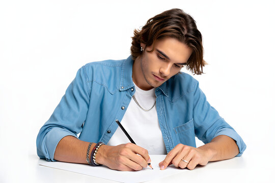 Young man in blue shirt sketching on white paper, focused expression, creative process.