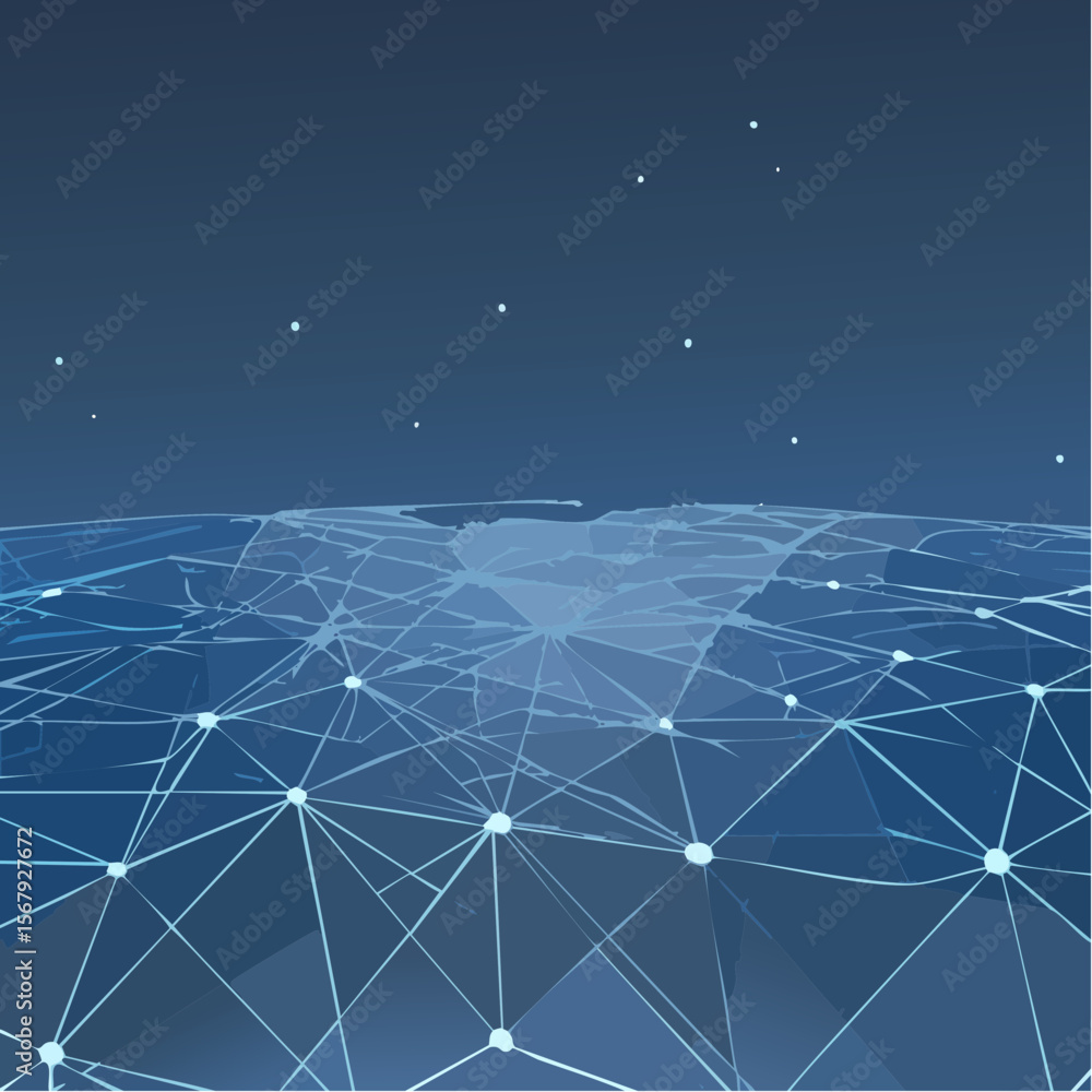 Poster abstract digital landscape of interconnected nodes and lines forming a low-polygonal terrain under a