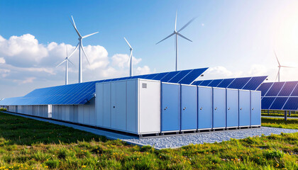 Renewable Energy Power Station: A modern power station blends the innovation of solar panels and wind turbines to harness the power of nature and provide sustainable and clean energy.
